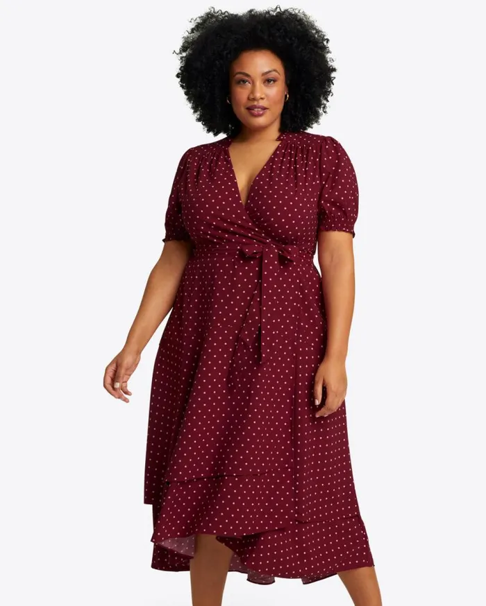 Draper James Midi and Maxi Women Naomi Wrap Dress In Merlot Polka Dot
