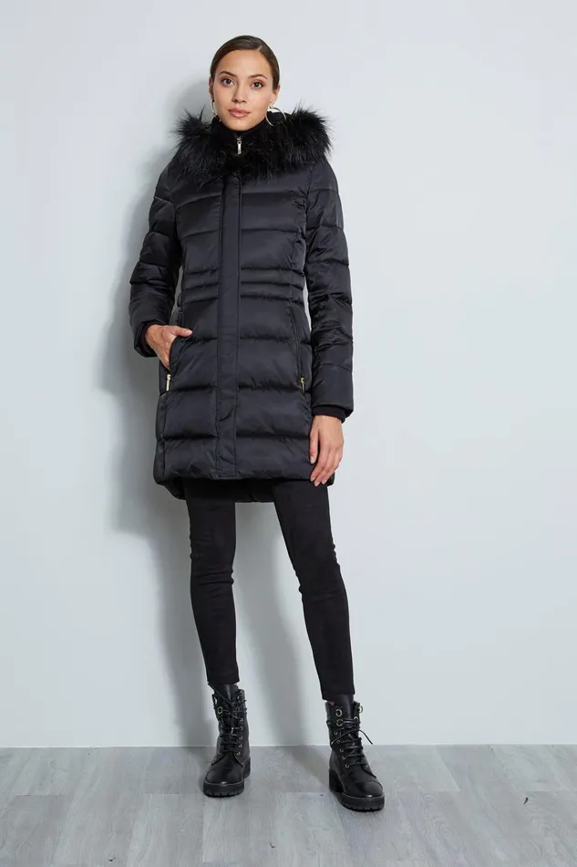 Elie Tahari Coats Tahari Stitched Faux Fur Hood Puffer Coat Black 8211 Women