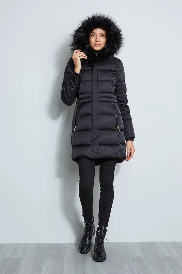 Elie Tahari Coats Tahari Stitched Faux Fur Hood Puffer Coat Black 8211 Women