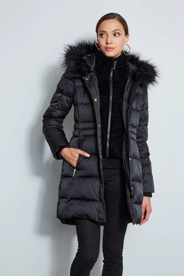 Elie Tahari Coats Tahari Stitched Faux Fur Hood Puffer Coat Black 8211 Women