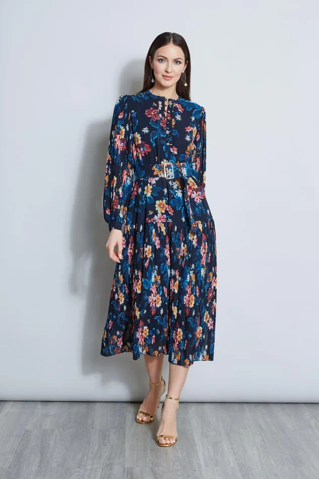 Elie Tahari Dresses and Jumpsuits Floral Belted Pleated Midi Dress Paradise Print 8211 Women