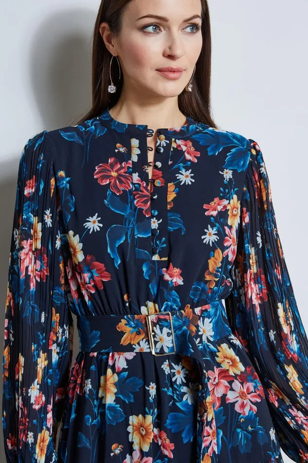 Elie Tahari Dresses and Jumpsuits Floral Belted Pleated Midi Dress Paradise Print 8211 Women
