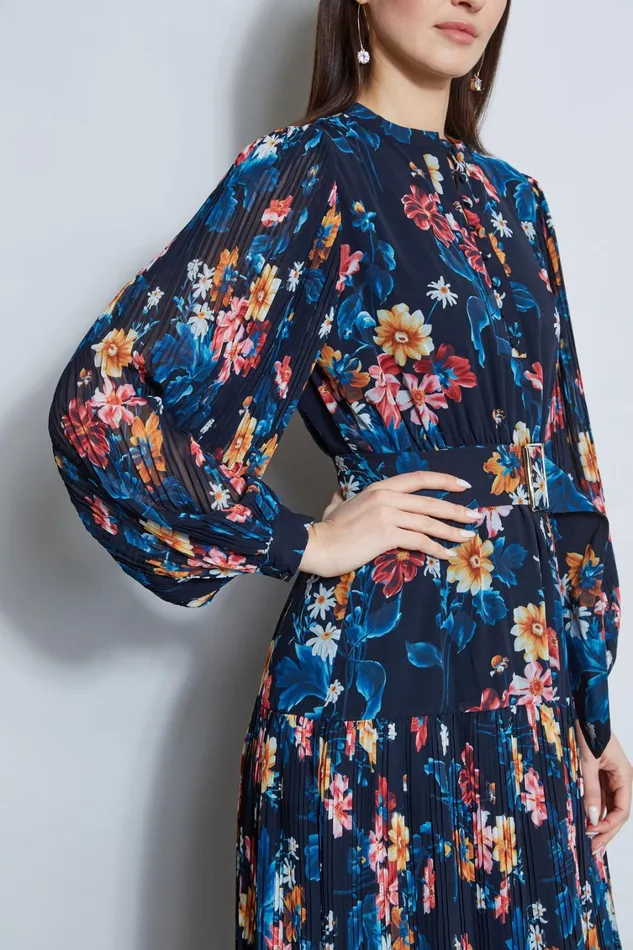 Elie Tahari Dresses and Jumpsuits Floral Belted Pleated Midi Dress Paradise Print 8211 Women