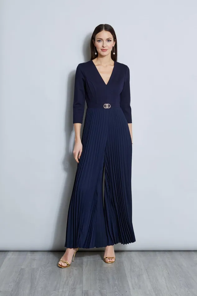 Elie Tahari Dresses and Jumpsuits Knit Bodice Pleated Jumpsuit Peacoat 8211 Women