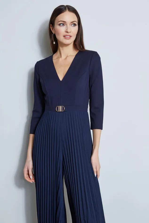 Elie Tahari Dresses and Jumpsuits Knit Bodice Pleated Jumpsuit Peacoat 8211 Women