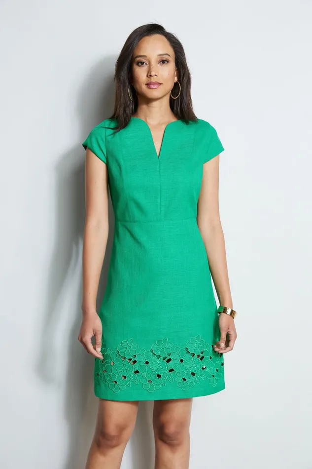 Elie Tahari Dresses and Jumpsuits Short Sleeve Embroidered Hem Dress Palm Leaf 8211 Women