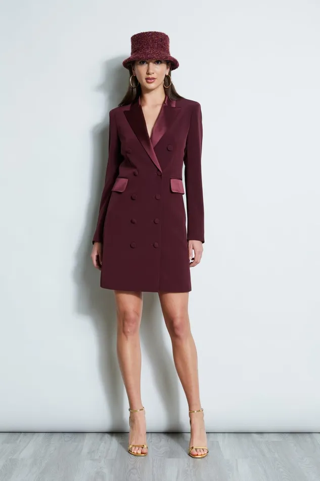 Elie Tahari Long Sleeve Dresses Satin Tuxedo Coat Dress Cordovan 8211 Women