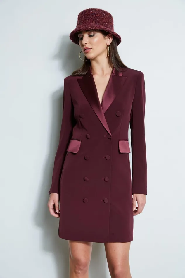 Elie Tahari Long Sleeve Dresses Satin Tuxedo Coat Dress Cordovan 8211 Women
