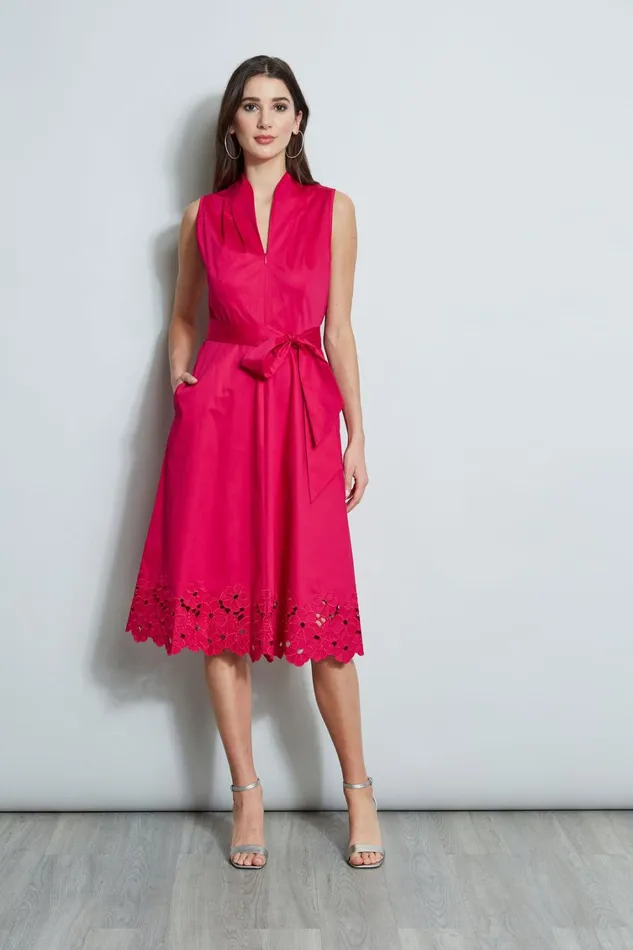 Elie Tahari Midi Dresses Embroidered Hem Cotton Dress Cyclamen 8211 Women