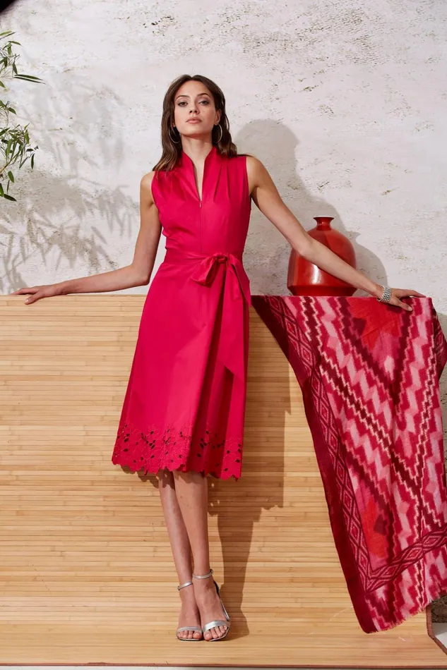 Elie Tahari Midi Dresses Embroidered Hem Cotton Dress Cyclamen 8211 Women