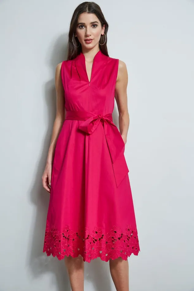 Elie Tahari Midi Dresses Embroidered Hem Cotton Dress Cyclamen 8211 Women