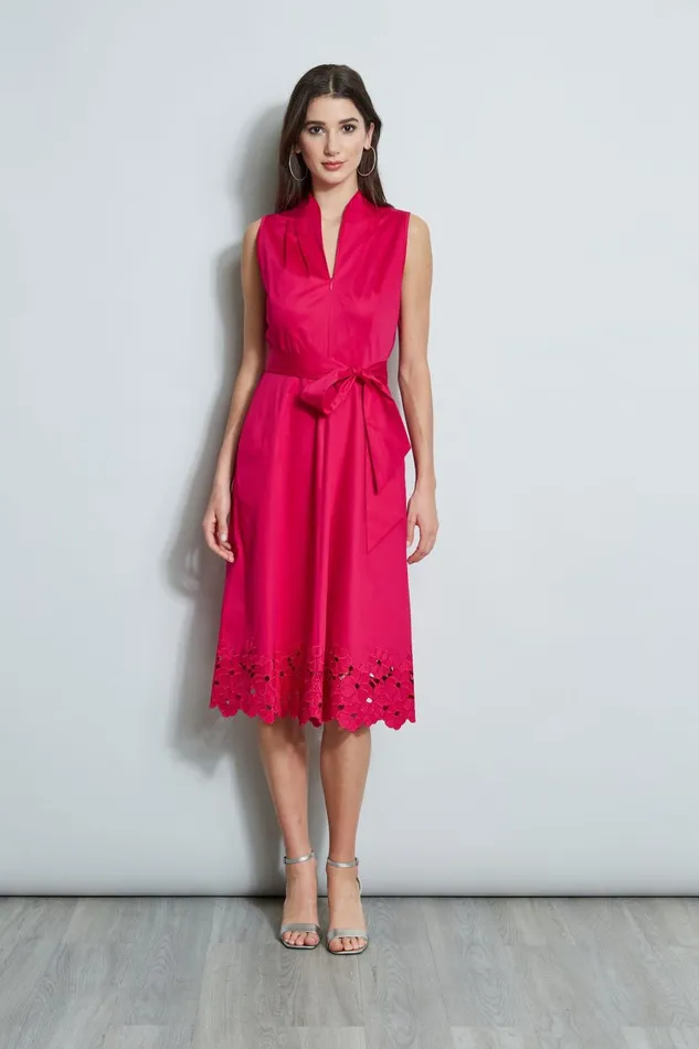 Elie Tahari Midi Dresses Embroidered Hem Cotton Dress Cyclamen 8211 Women