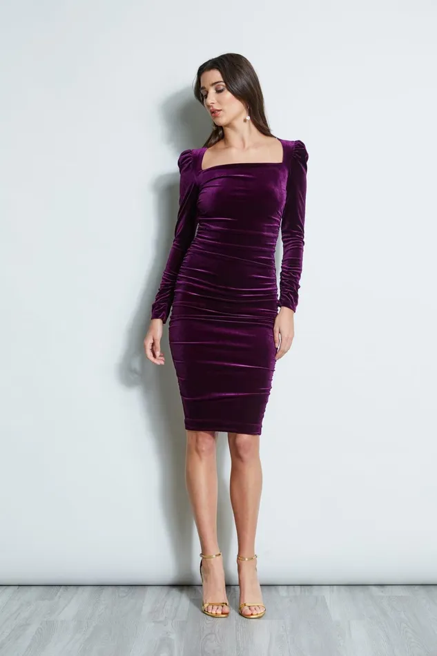 Elie Tahari Short Dresses Ruched Velvet Square Neck Dress Plum 8211 Women