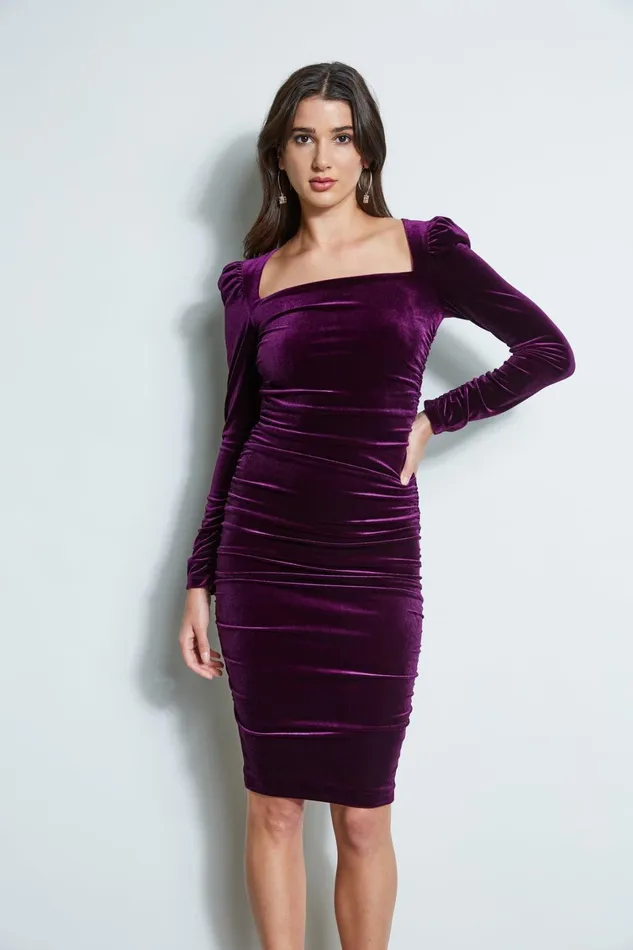 Elie Tahari Short Dresses Ruched Velvet Square Neck Dress Plum 8211 Women