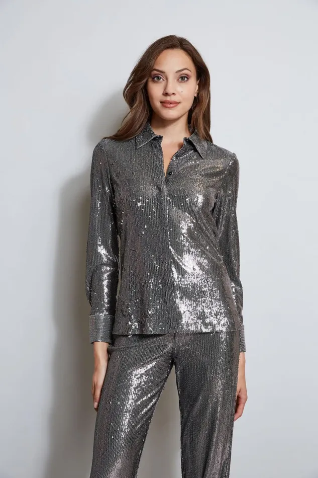 Elie Tahari Tops Sequin Button Down Shirt Gunmetal 8211 Women