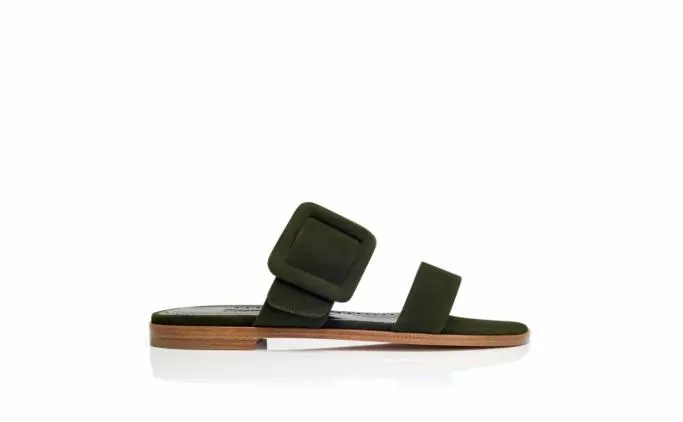 Flats Women Manolo Blahnik TITUBAFLATDark Green Suede Flat Sandals Flats Women Manolo Blahnik TITUBAFLATDark Green Suede Flat Sandals