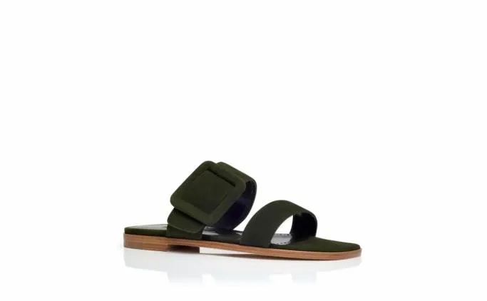 Flats Women Manolo Blahnik TITUBAFLATDark Green Suede Flat Sandals Flats Women Manolo Blahnik TITUBAFLATDark Green Suede Flat Sandals