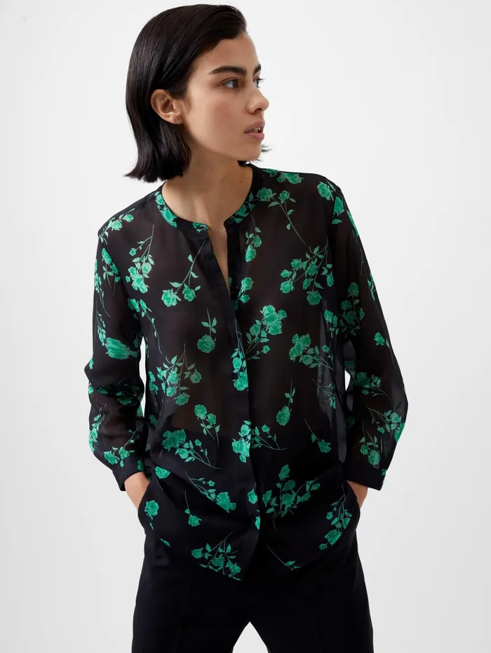 French Connection Alessandra Recycled Long Sleeve Shirt BlackoutMinted Green Woman Tops