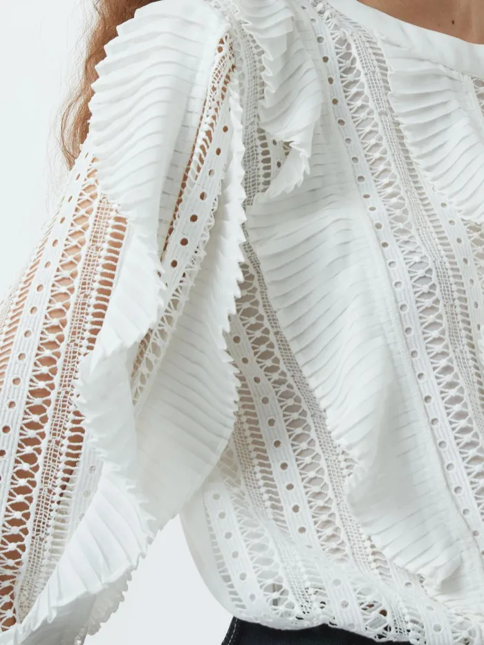 French Connection Annika Lace Frill Long Sleeve Top Summer White Woman Tops