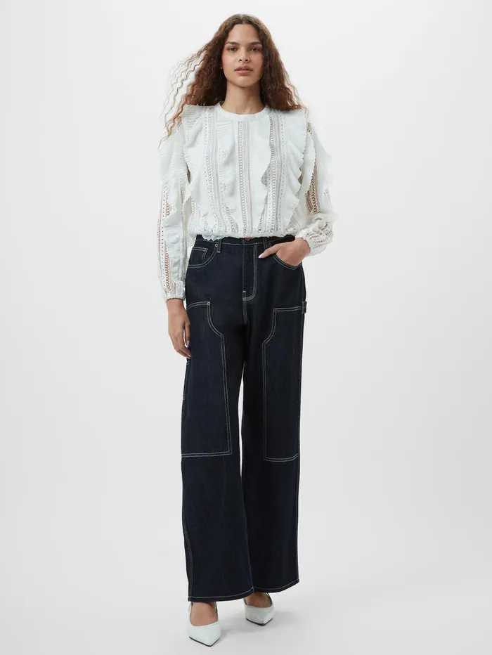 French Connection Annika Lace Frill Long Sleeve Top Summer White Woman Tops