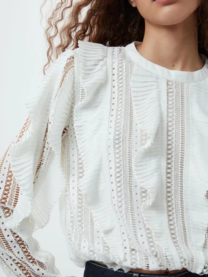 French Connection Annika Lace Frill Long Sleeve Top Summer White Woman Tops