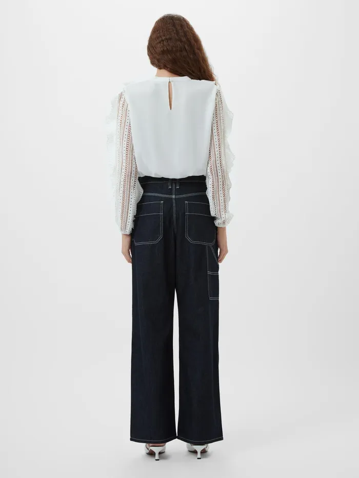French Connection Annika Lace Frill Long Sleeve Top Summer White Woman Tops