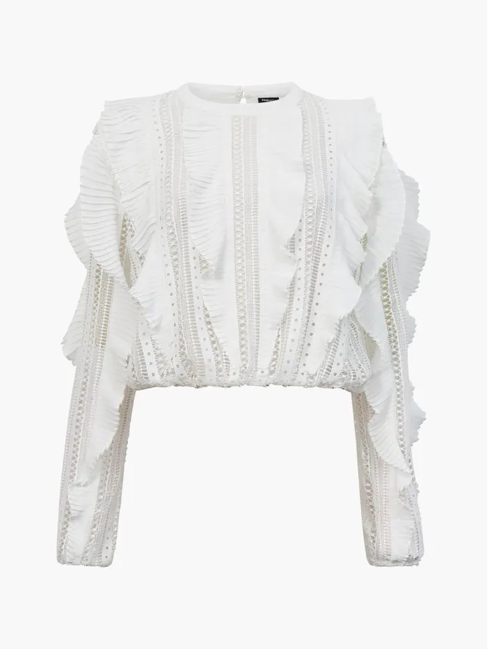French Connection Annika Lace Frill Long Sleeve Top Summer White Woman Tops