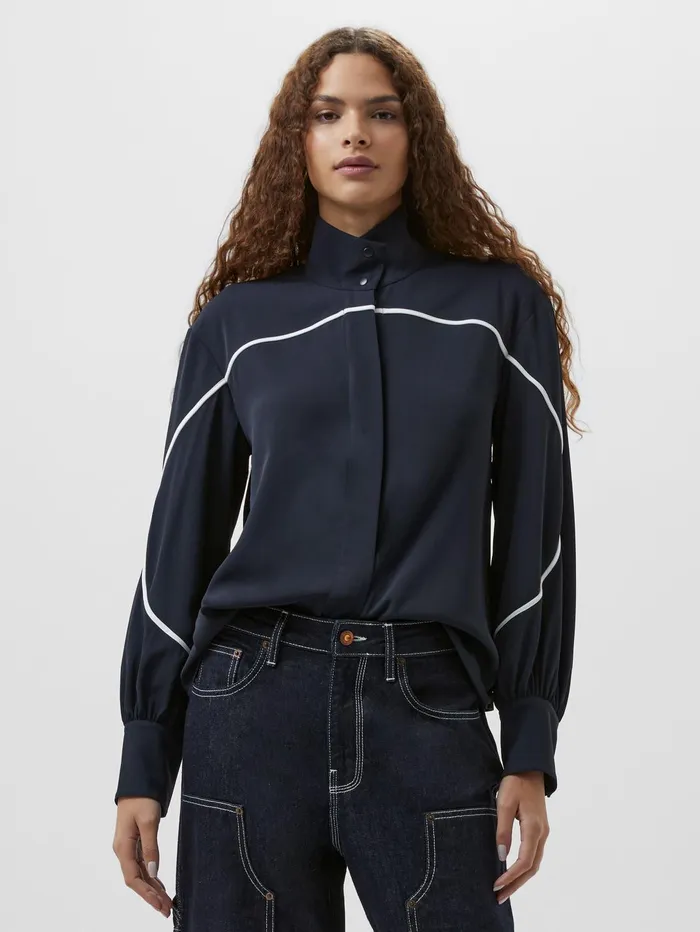 French Connection Arezzo Contrast Piping Long Sleeved Shirt NavySummer White Woman Tops