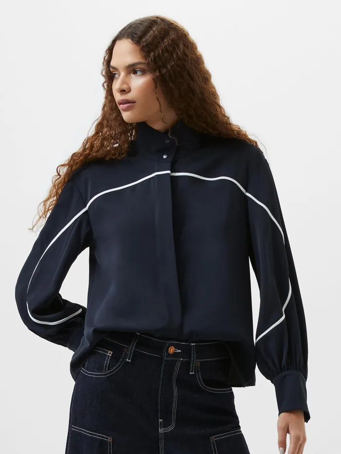 French Connection Arezzo Contrast Piping Long Sleeved Shirt NavySummer White Woman Tops