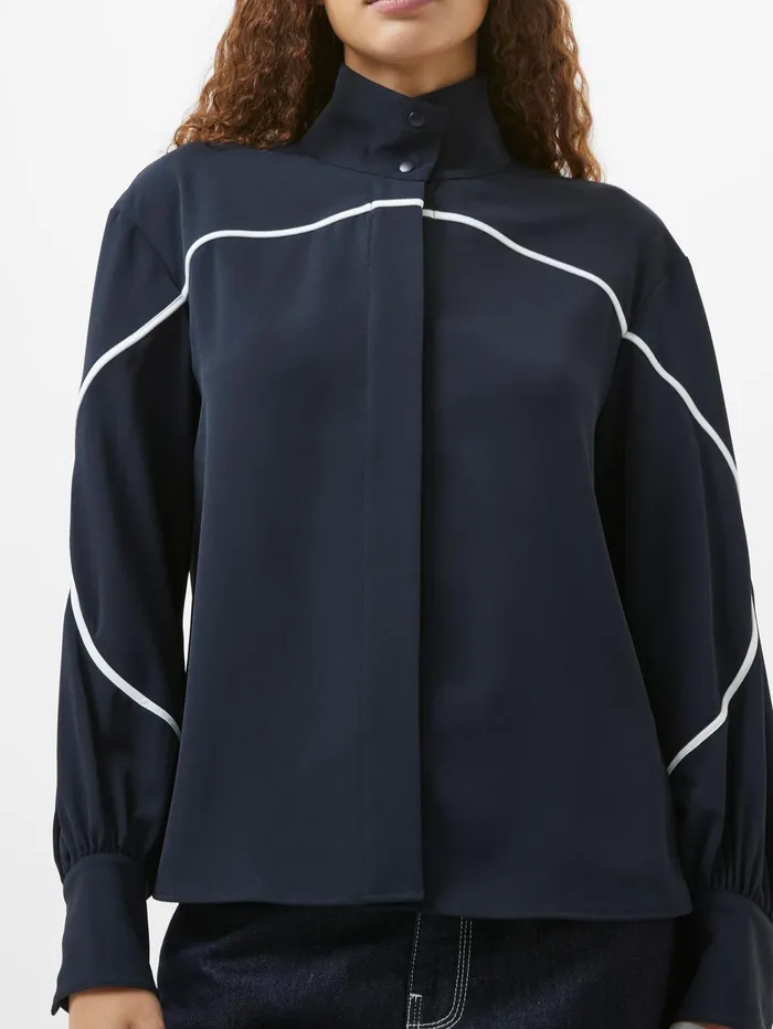 French Connection Arezzo Contrast Piping Long Sleeved Shirt NavySummer White Woman Tops