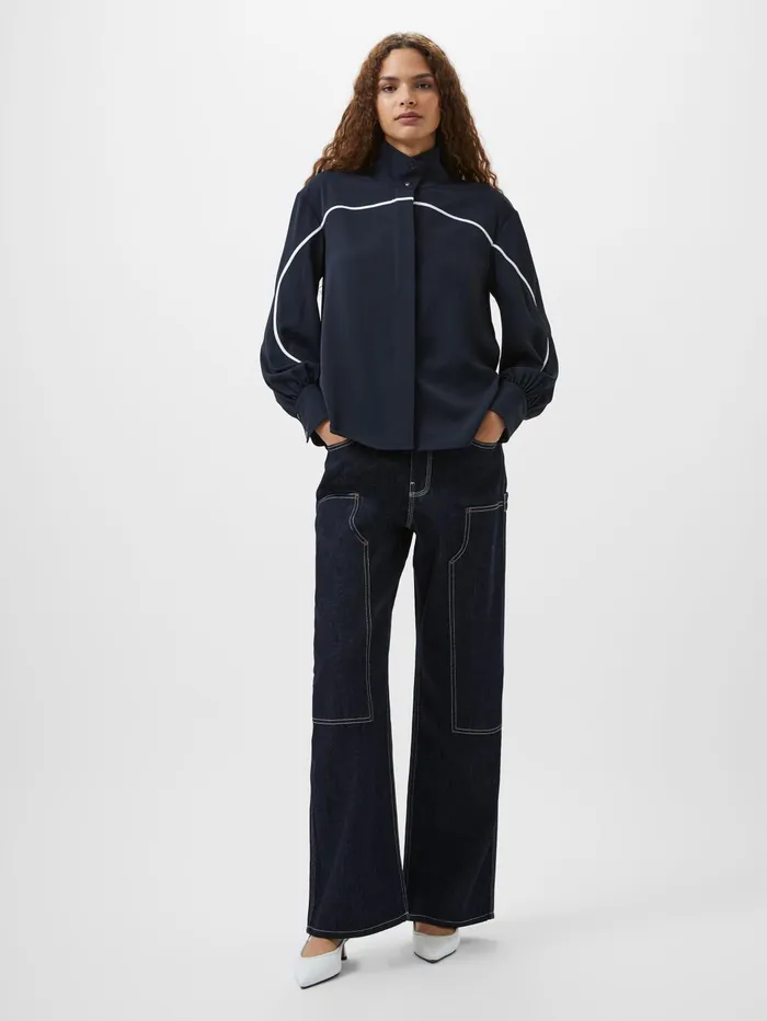 French Connection Arezzo Contrast Piping Long Sleeved Shirt NavySummer White Woman Tops