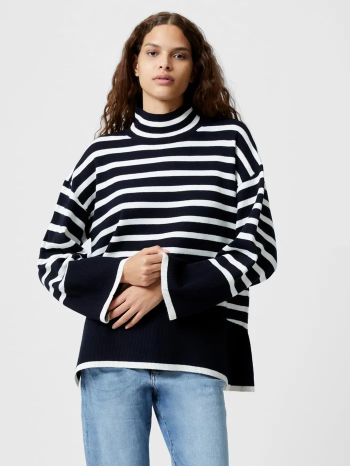 French Connection Babysoft High Neck Striped Side Split Jumper MidnightWinter White Woman Jumpers and Cardigans