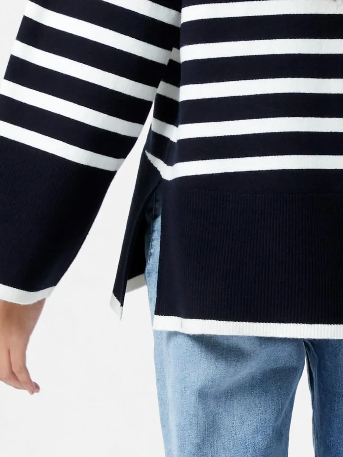 French Connection Babysoft High Neck Striped Side Split Jumper MidnightWinter White Woman Jumpers and Cardigans