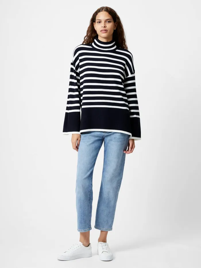 French Connection Babysoft High Neck Striped Side Split Jumper MidnightWinter White Woman Jumpers and Cardigans