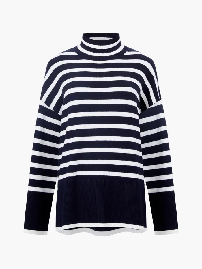 French Connection Babysoft High Neck Striped Side Split Jumper MidnightWinter White Woman Jumpers and Cardigans