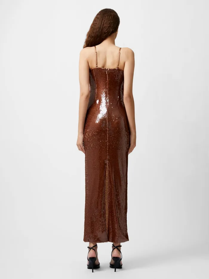 French Connection Beatrice Sequin Strappy Corsage Maxi Dress Brown Sequin Woman Dresses