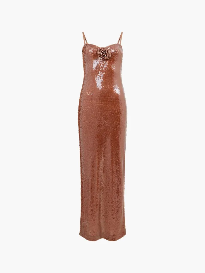 French Connection Beatrice Sequin Strappy Corsage Maxi Dress Brown Sequin Woman Dresses