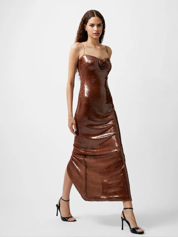 French Connection Beatrice Sequin Strappy Corsage Maxi Dress Brown Sequin Woman Dresses