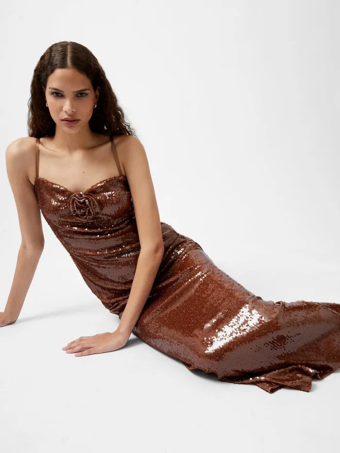 French Connection Beatrice Sequin Strappy Corsage Maxi Dress Brown Sequin Woman Dresses