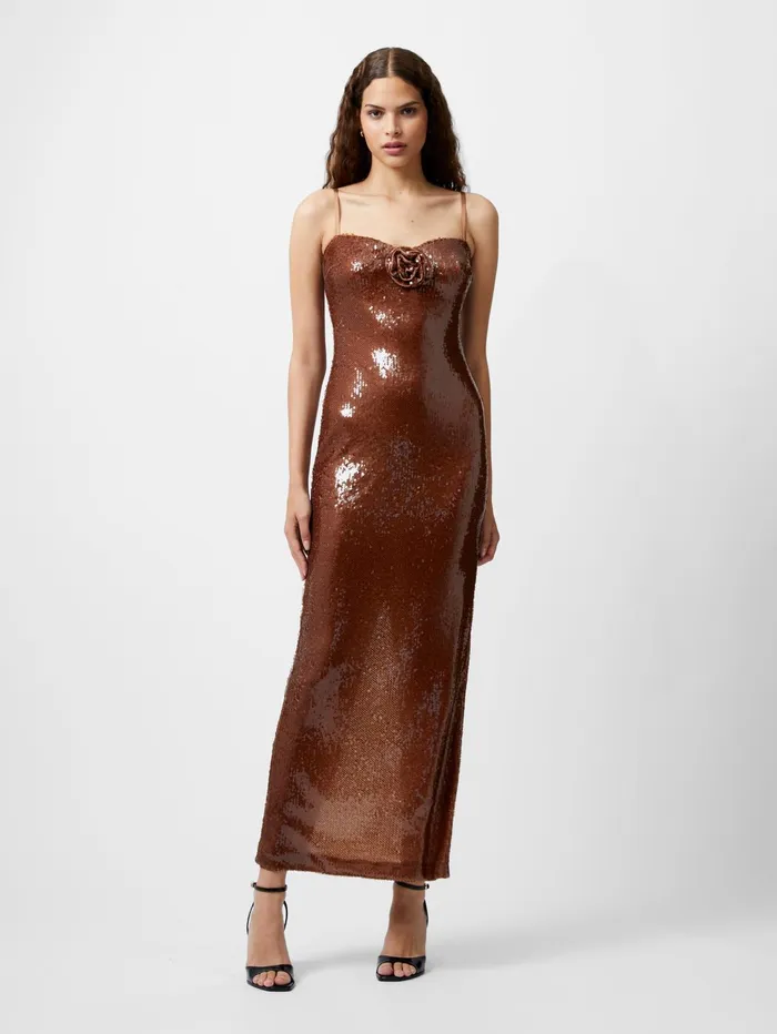 French Connection Beatrice Sequin Strappy Corsage Maxi Dress Brown Sequin Woman Dresses