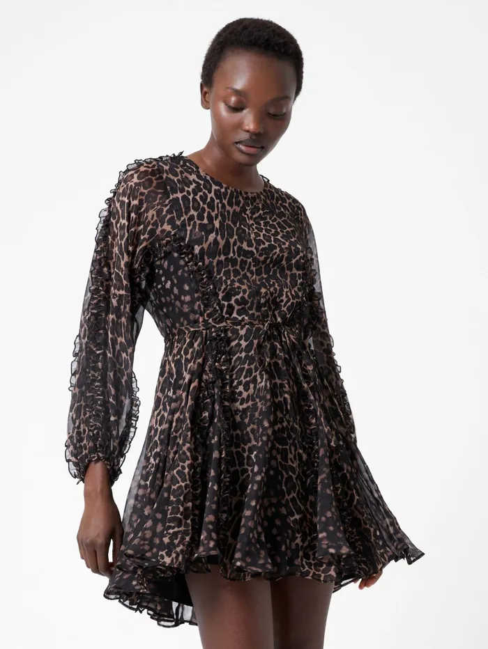 French Connection Emina Chiffon Leopard Print Long Sleeve Dress Leopard Woman Dresses