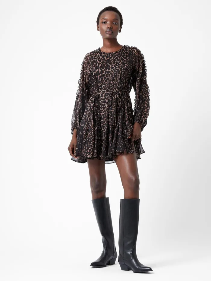 French Connection Emina Chiffon Leopard Print Long Sleeve Dress Leopard Woman Dresses
