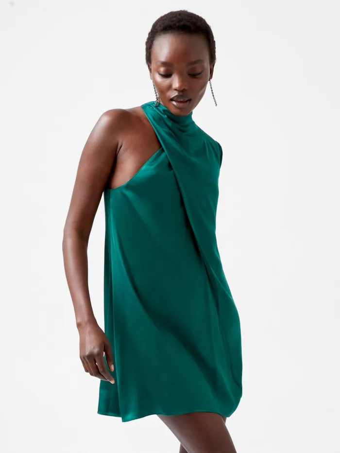 French Connection Ennis Eco Satin Asymmetric Mini Dress Forest Woman Dresses