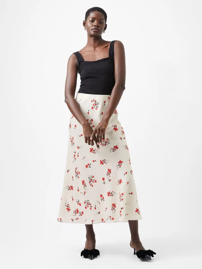 French Connection Floramour Ennis Eco Satin Maxi Skirt Classic Cream Multi Woman Skirts