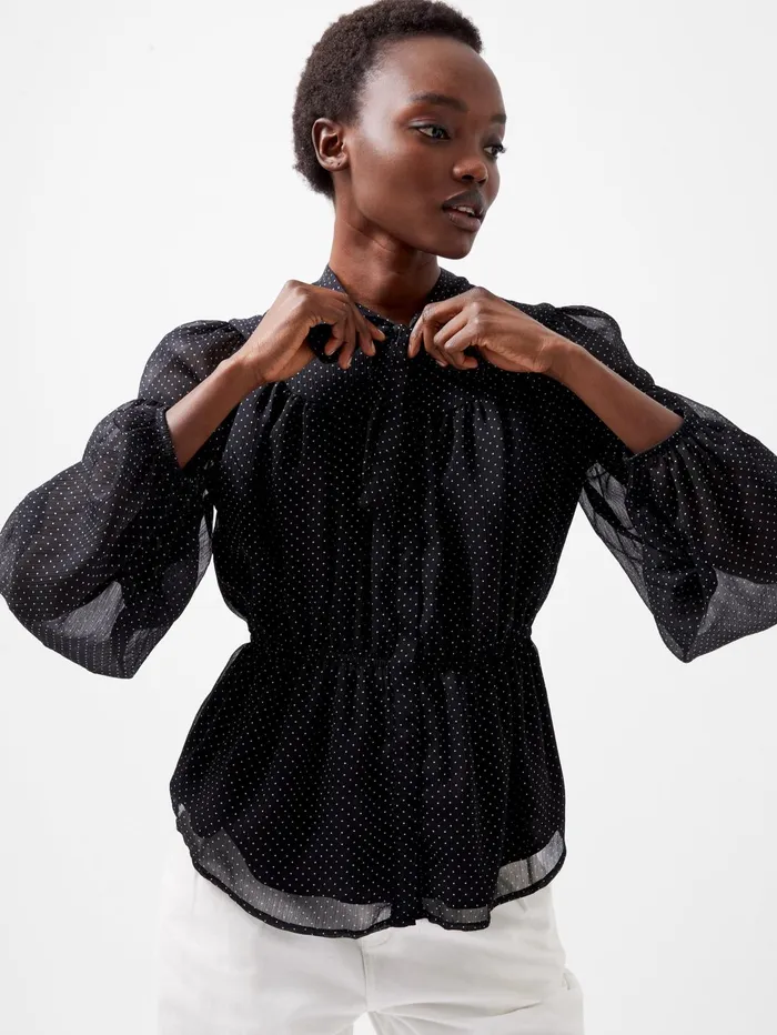 French Connection Ines Chiffon Fitted Waist Blouse BlackoutSummer Whit Woman Tops