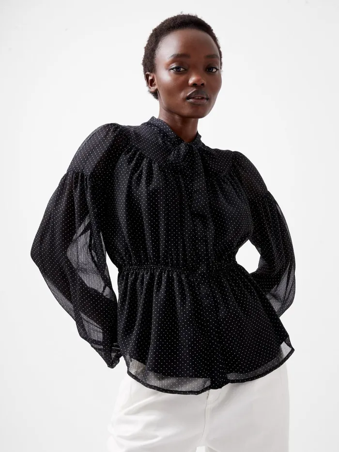 French Connection Ines Chiffon Fitted Waist Blouse BlackoutSummer Whit Woman Tops