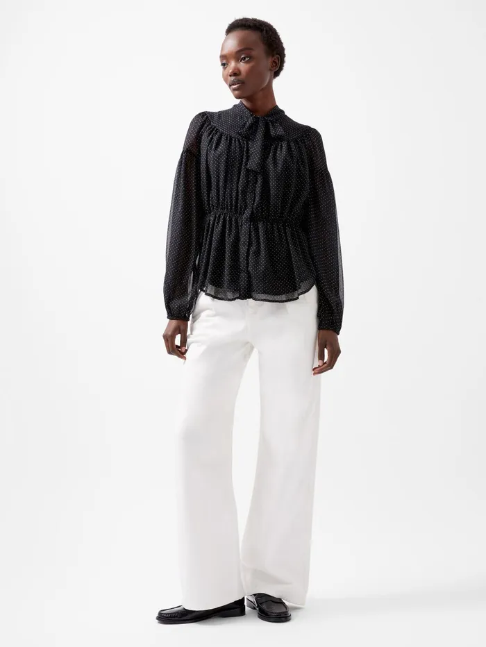 French Connection Ines Chiffon Fitted Waist Blouse BlackoutSummer Whit Woman Tops