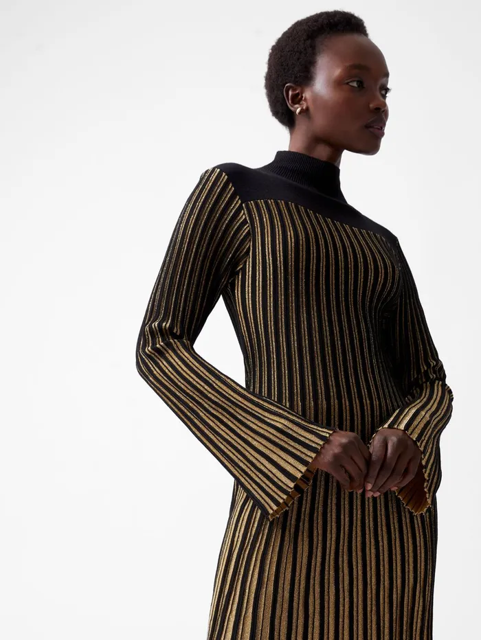 French Connection Journee Mari Lurex Long Sleeve Dress Blackout Gold Woman Dresses
