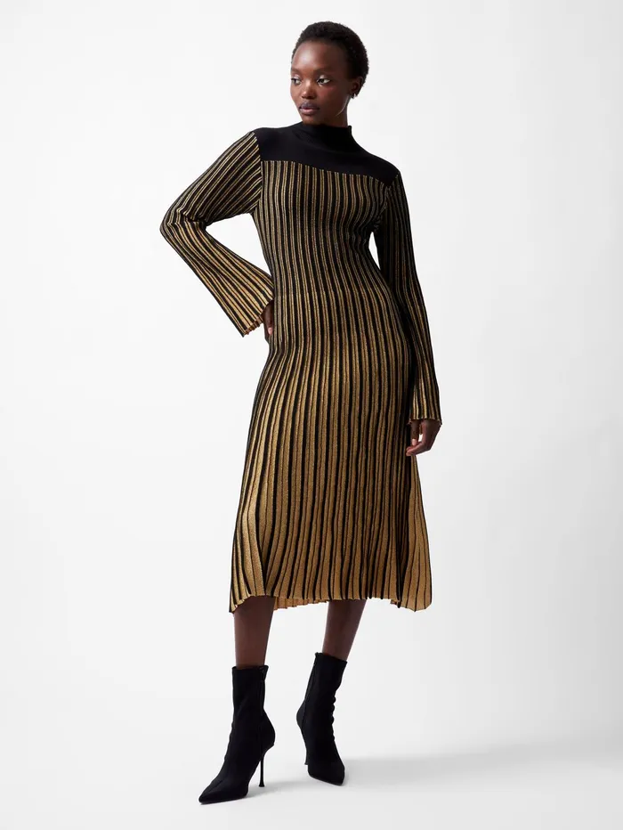 French Connection Journee Mari Lurex Long Sleeve Dress Blackout Gold Woman Dresses
