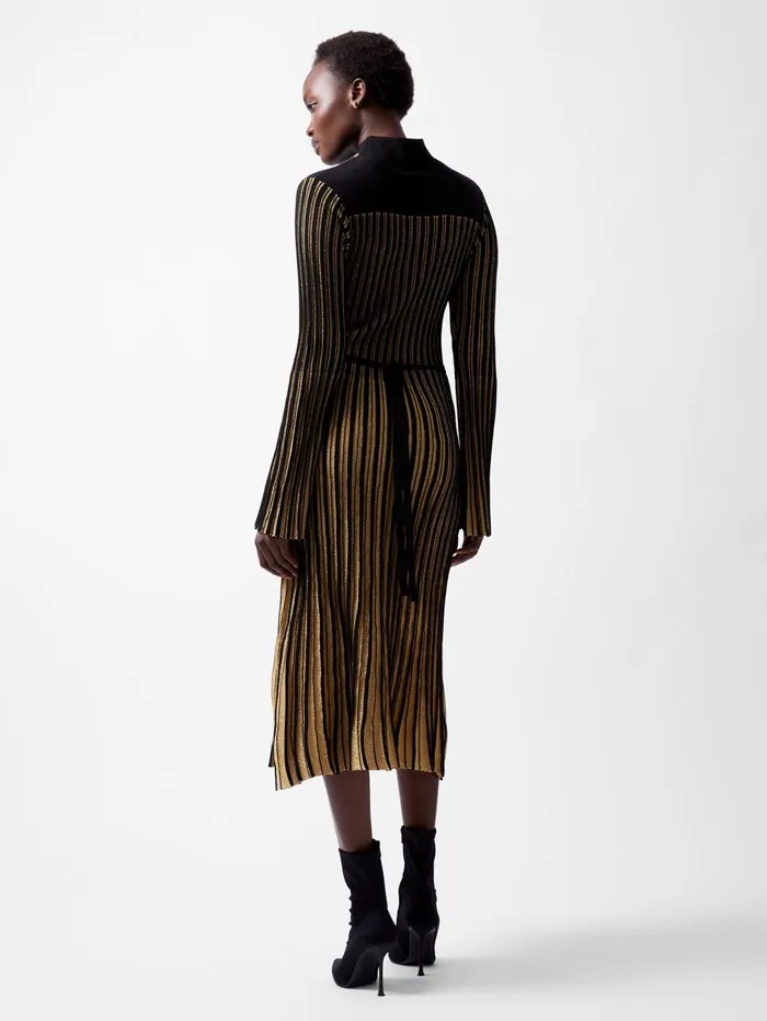 French Connection Journee Mari Lurex Long Sleeve Dress Blackout Gold Woman Dresses